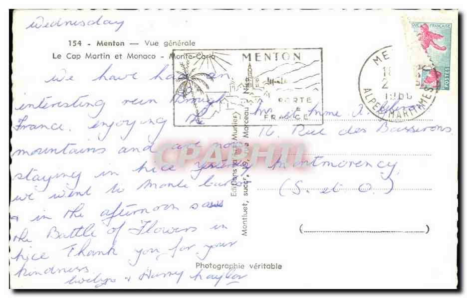 CPA Menton Vue Generale Le Cap Martin et Monaco — Rückseite
