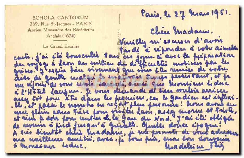 CPA Schola Cantorum Rue st Jacques Paris Ancien monastere des Benedicins — Rückseite