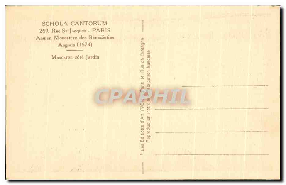 CPA Schola Cantorum Rue St jacques Paris Ancien monastere des Benedictins Anglais  — Rückseite
