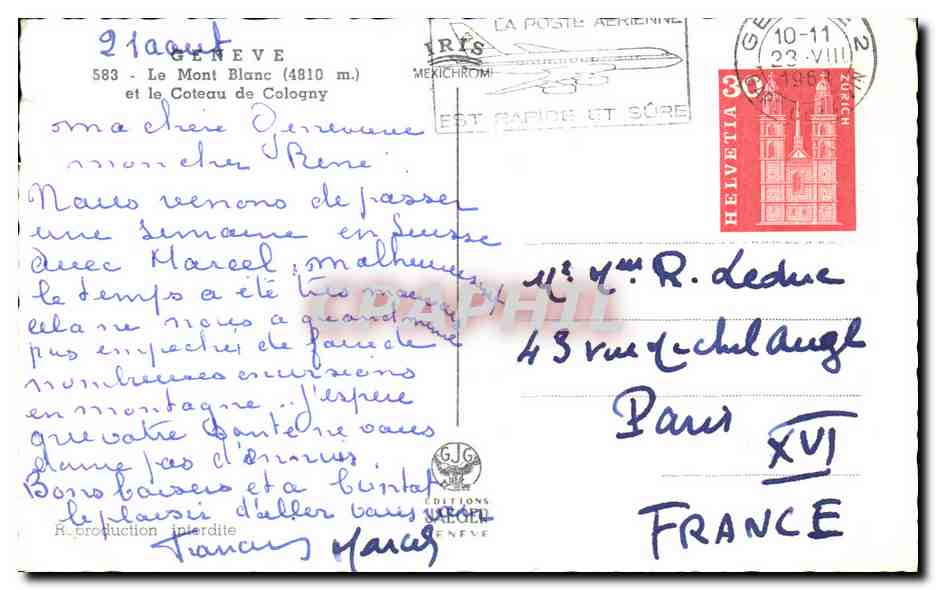 CPA Geneve Le Mont Blanc et le cote de Cologny — Rückseite