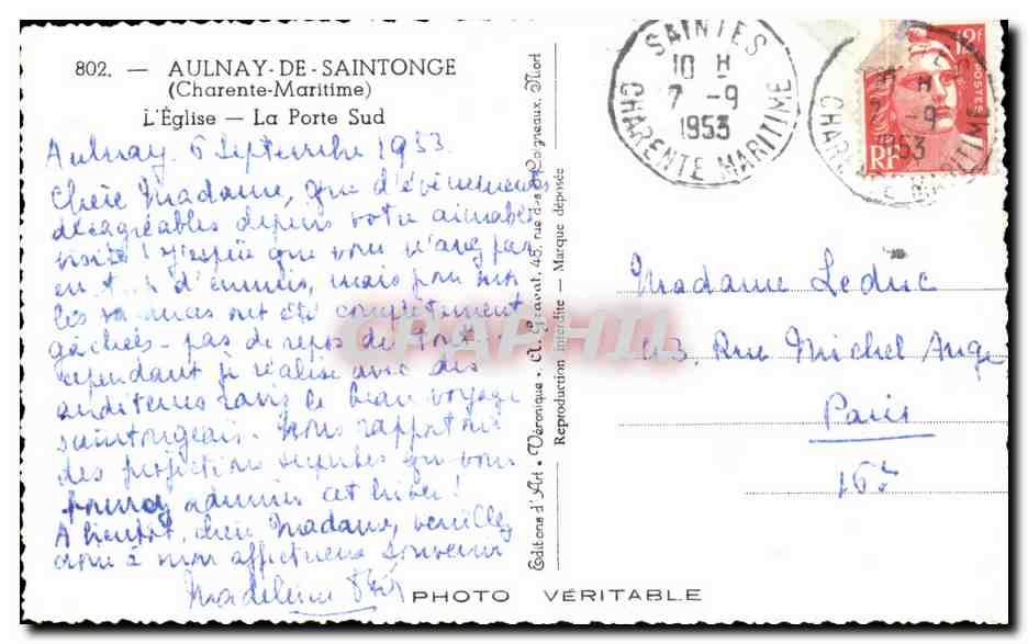CPA Aulnay De Saintonge L'Eglise La Porte Sud — Back