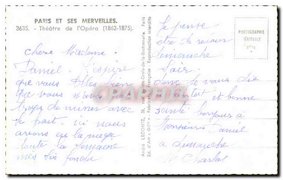 CPA Paris Et Ses Merveilles Theatre de l'Opera — Rückseite