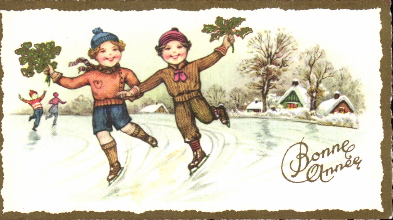 CPA fantaisie Enfants Patins a glace Bonne Annee Ice skating