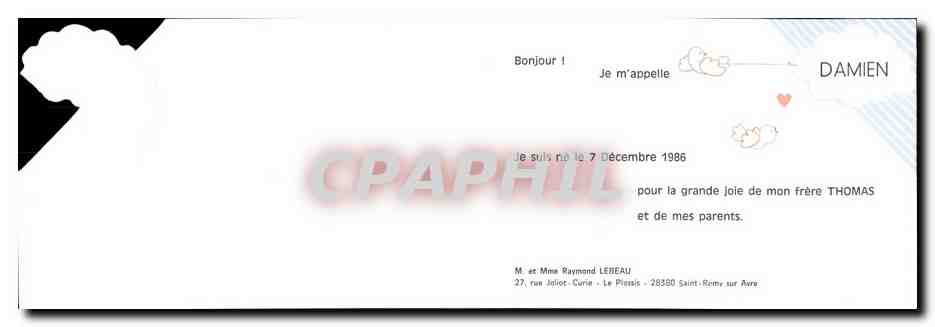 Carte de naisance 1986 Damien Lebeau Saint Remy sur Avre  — Back