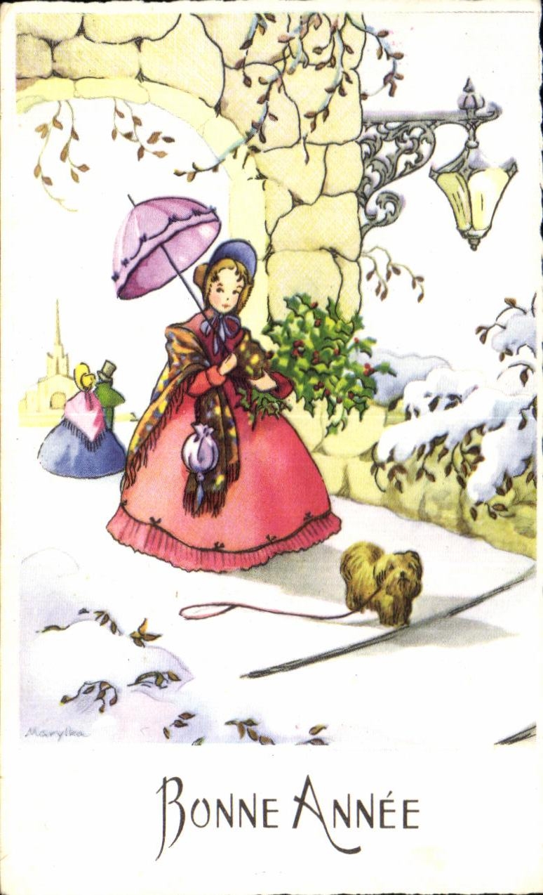 CPA Fantaisie Femme Chien Bonne annee