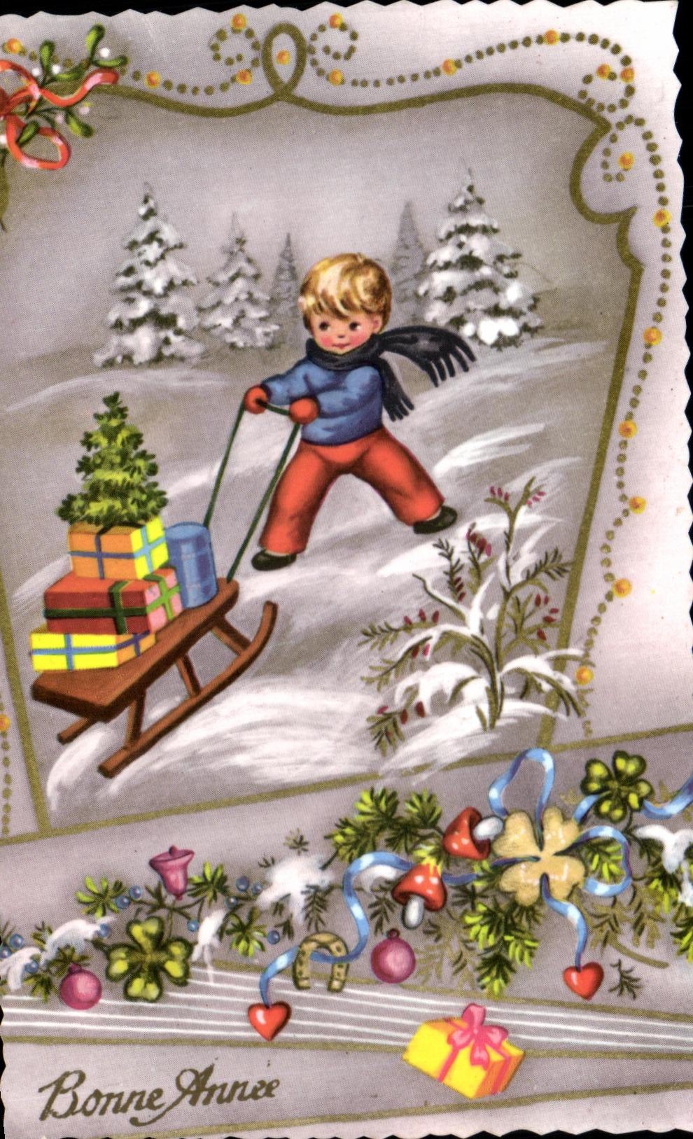 CPA Fantaisie Bonne Annee Luge Enfant 