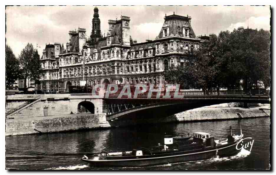 CPSM Paris Hotel de ville et pont peniche 