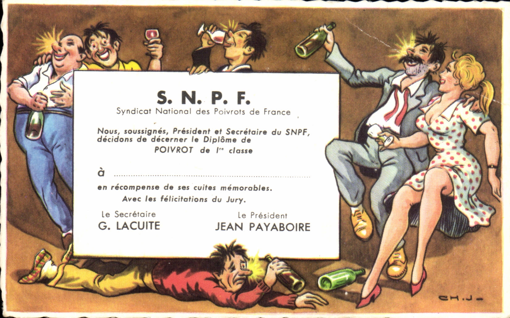 S.N.P.F. — Syndicat National des Poivrots de France — diplôme humoristique décerné à Poivrot
