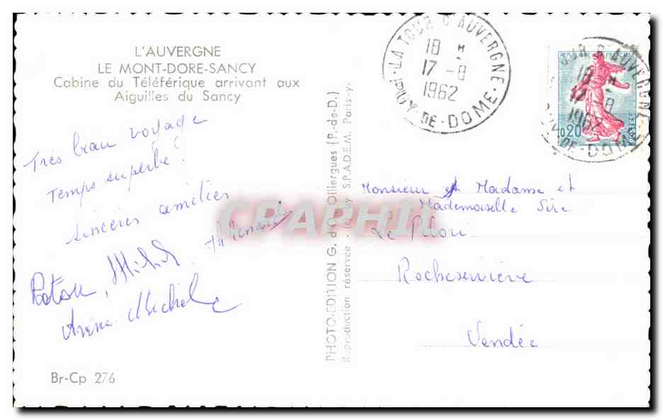 CPA L'Auvergne Le Mont Dore Sancy Cabine du Teleferique arrivant aux Aiguilles du Sancy — Verso
