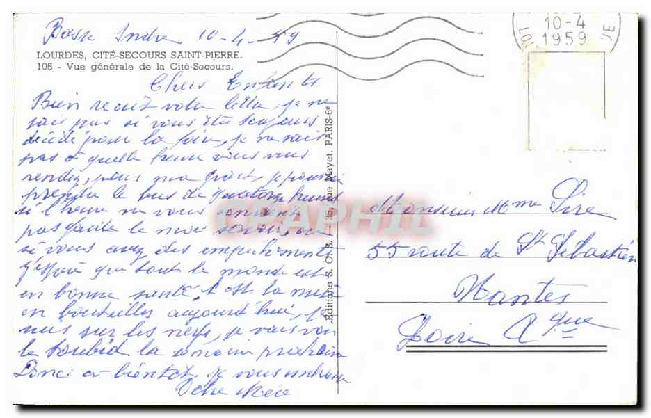 CPSM Lourdes Cite Secours Saint pierre Vue Generale de la Cite Secours — Verso