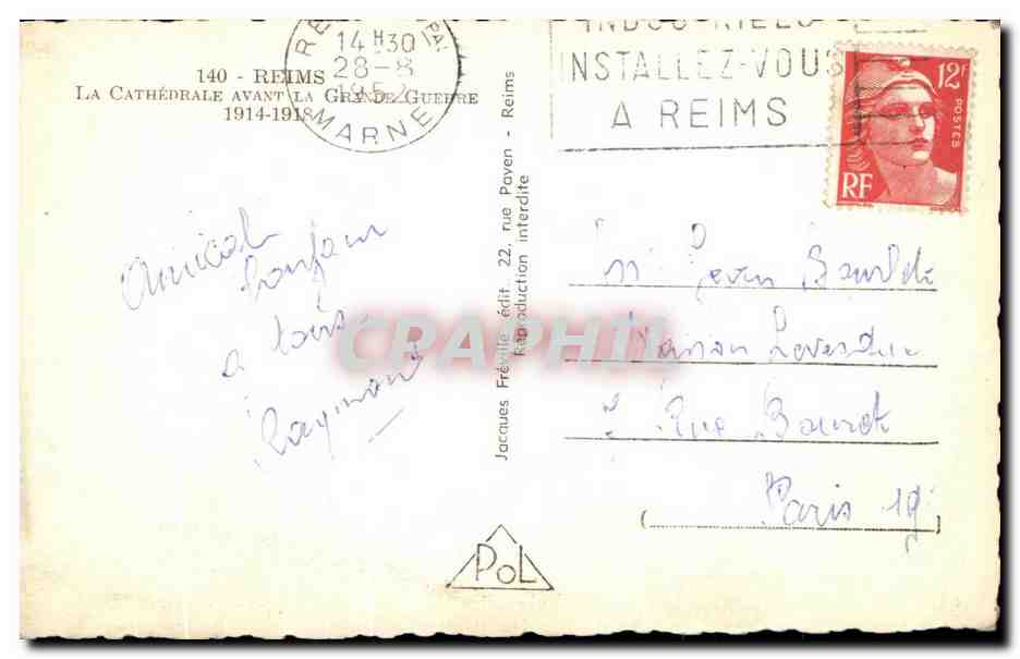 CPA Reims La Cathedrale Avant La Grand Guerre — Verso