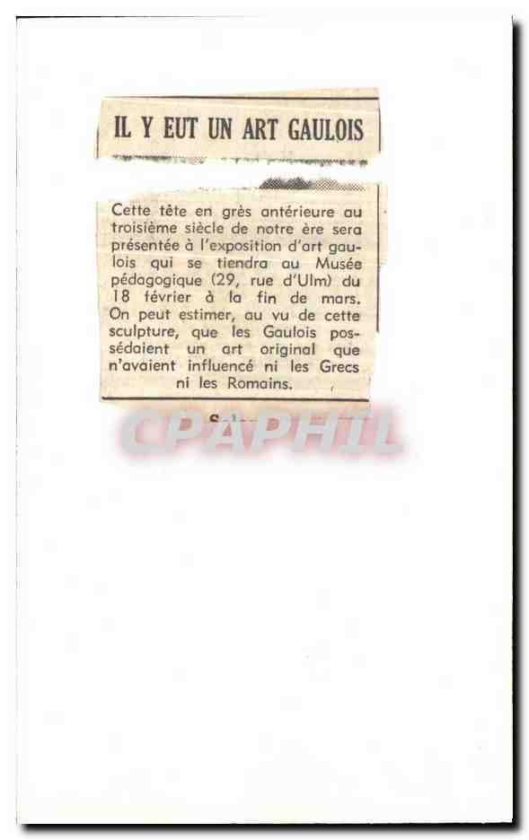 Tête en grès gaulois — exposée au Musée pédagogique (29, rue d'Ulm) — datée vers 1930 — Reverso