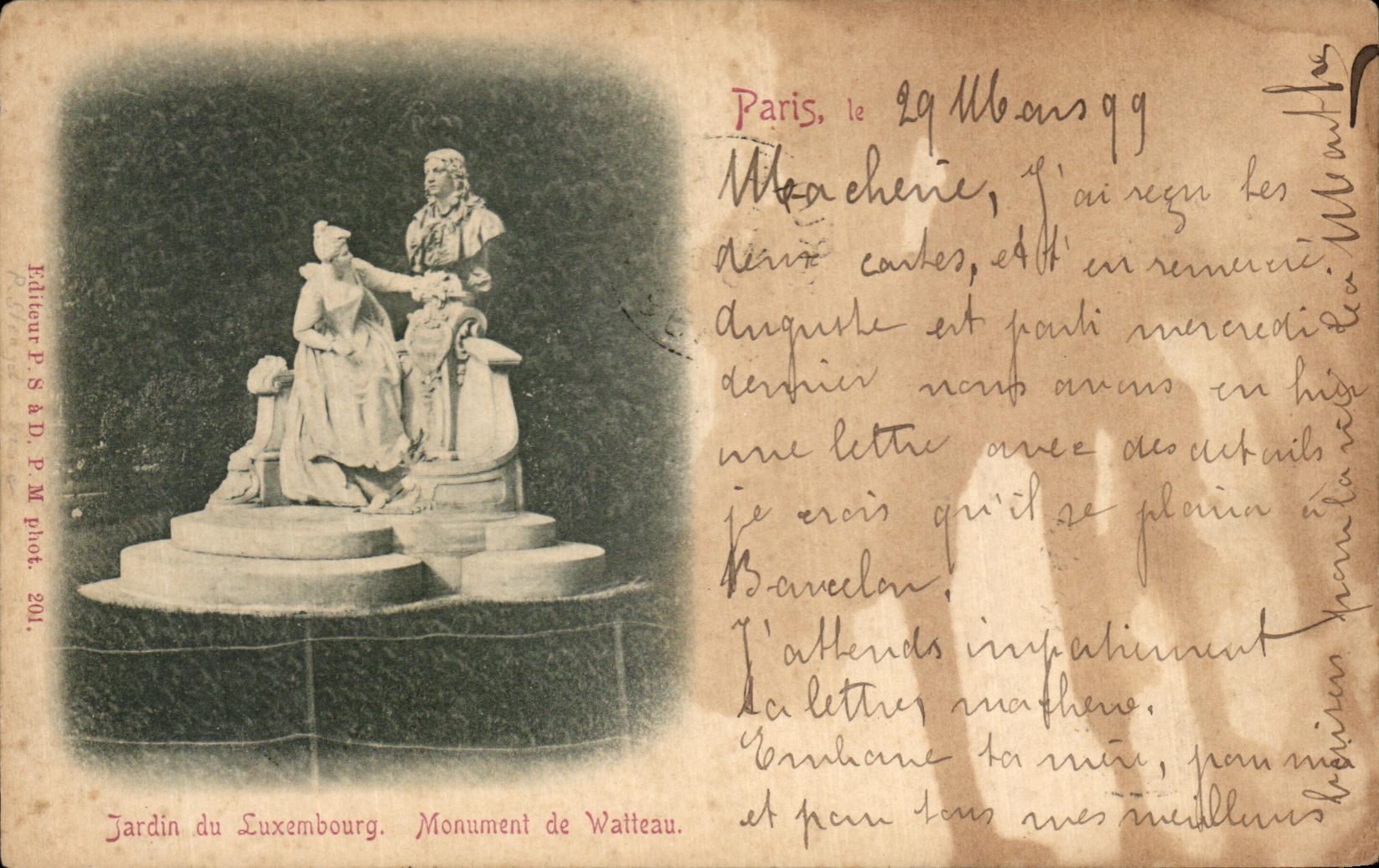 CPA Paris Jardin du Luxembourg Monument de Watteau carte 1899