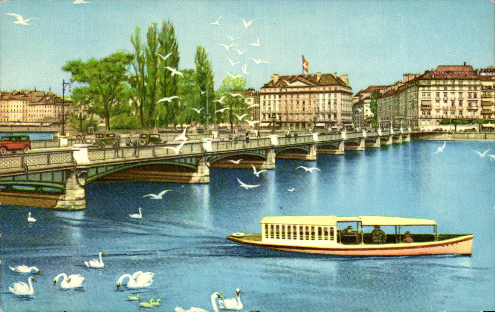 CPA Geneve Le Pont du Mont Blanc Cygnes 