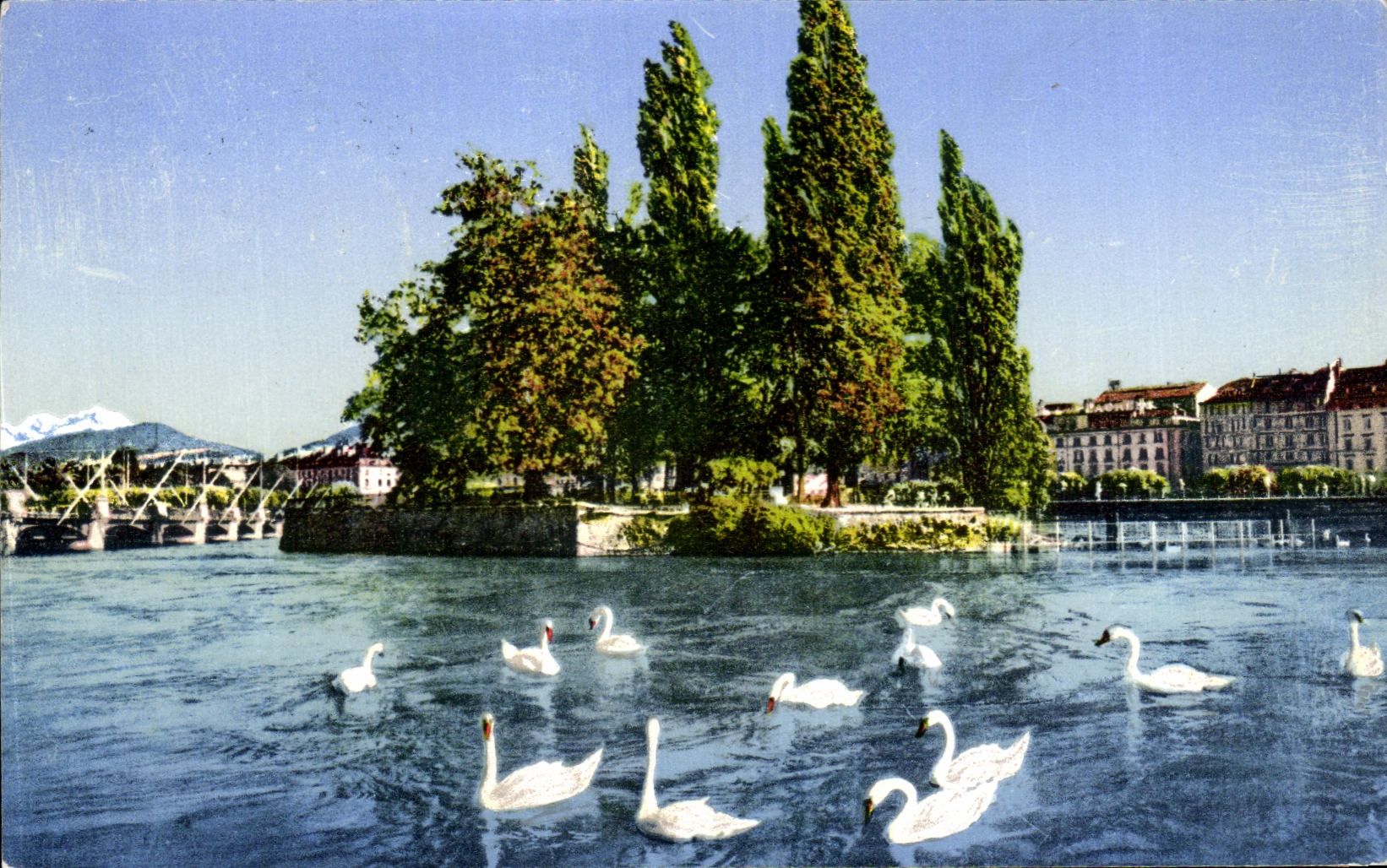CPA Geneve Rousseau Et Le Mont Blanc Cygne 