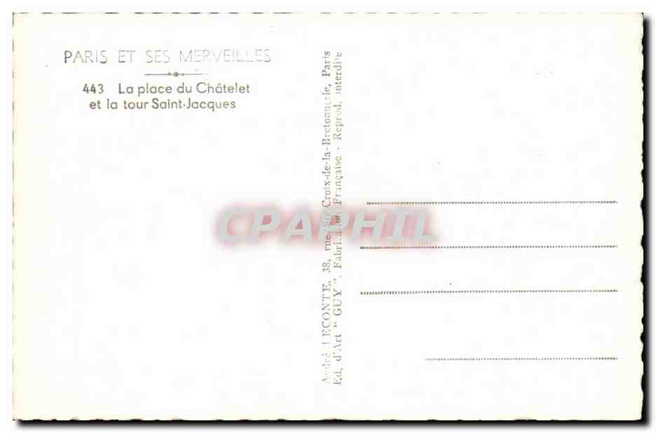 CPA Paris Merveilles la Place du Chatelet et la tour Saint Jacques — Rückseite
