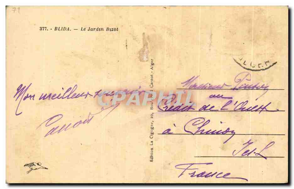 CPA Blida Le jardin Bizot Algerie — Rückseite