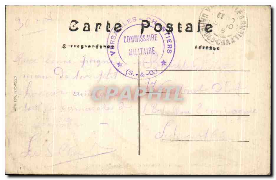 CPA Versailles La Place Caserne d'Artillerie Tramway — Verso