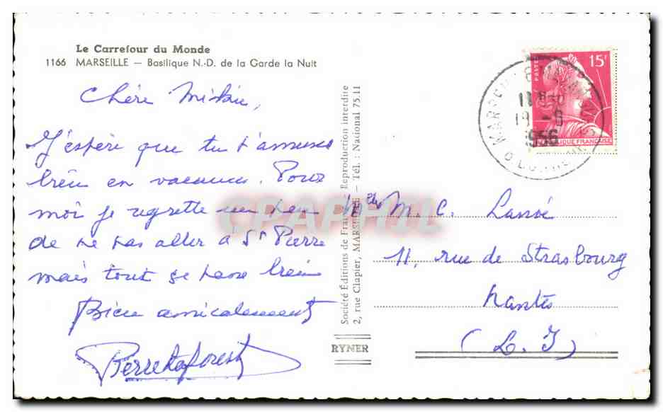 CPA Le Carrefour Du Monde Marseille Basilique De La Garde La Nuit — Rückseite