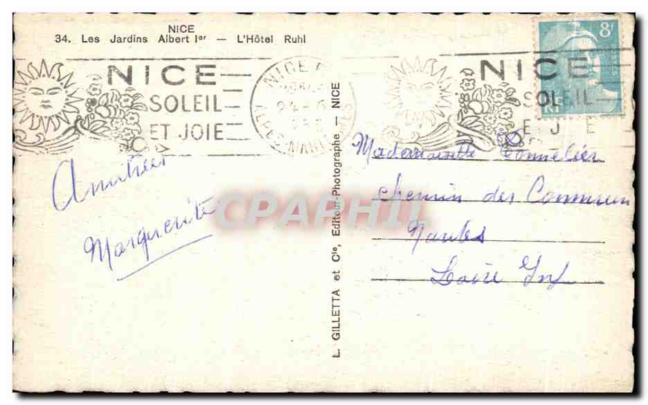 CPA Nice Les Jardins Albert L'Hotel Ruhl — Rückseite