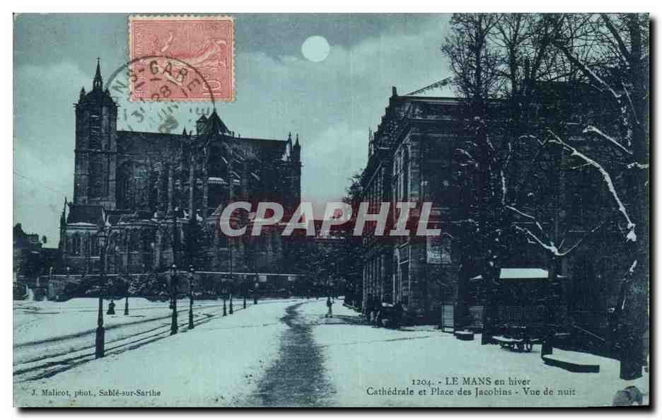CPA Le Mans en hiver Cathedrale et Place des Jacobins Vue de nuit