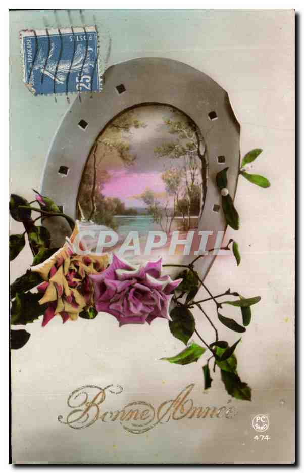 CPA Fantaisie Fleurs Fer a cheval Bonne Annee
