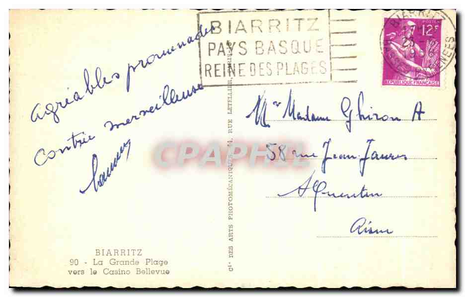 CPA Biarritz La Grande Plage vers le Casino Bellevue — Verso