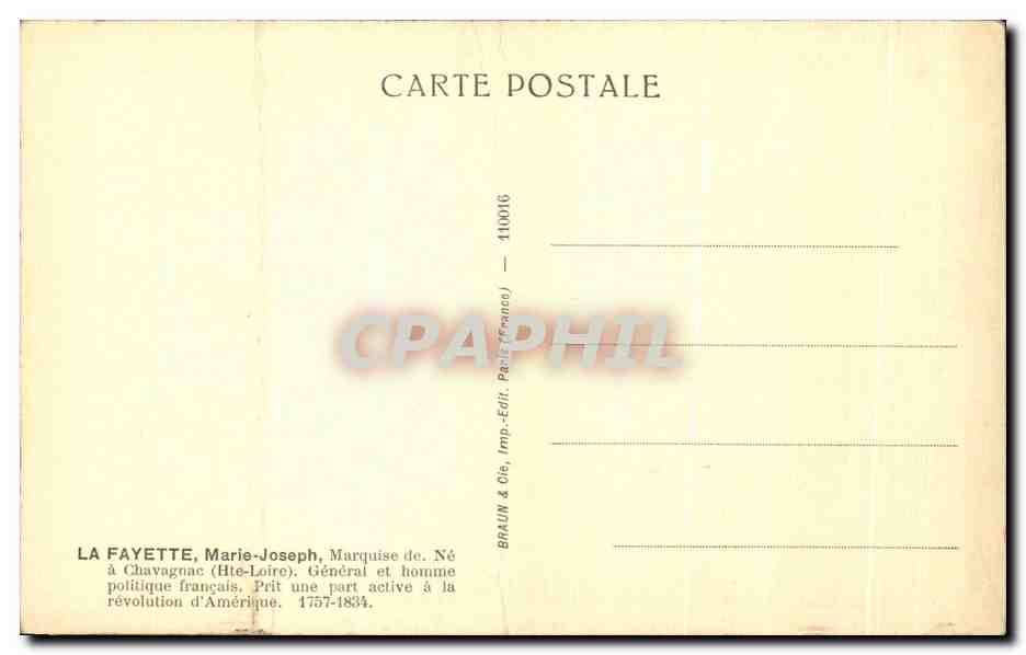 CPA La Fayette Marie Joseph Marquise de Ne a Chavagnac General et Homme Politique francais — Verso