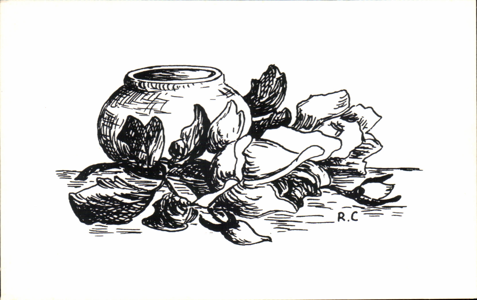 Vase und Blumen — Tuschezeichnung — R.C. (unterzeichnet)