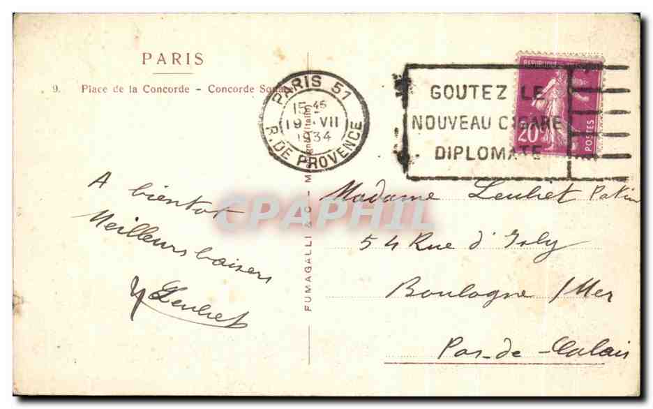 CPA Paris Place de la Concorde Concorde Sonate — Rückseite