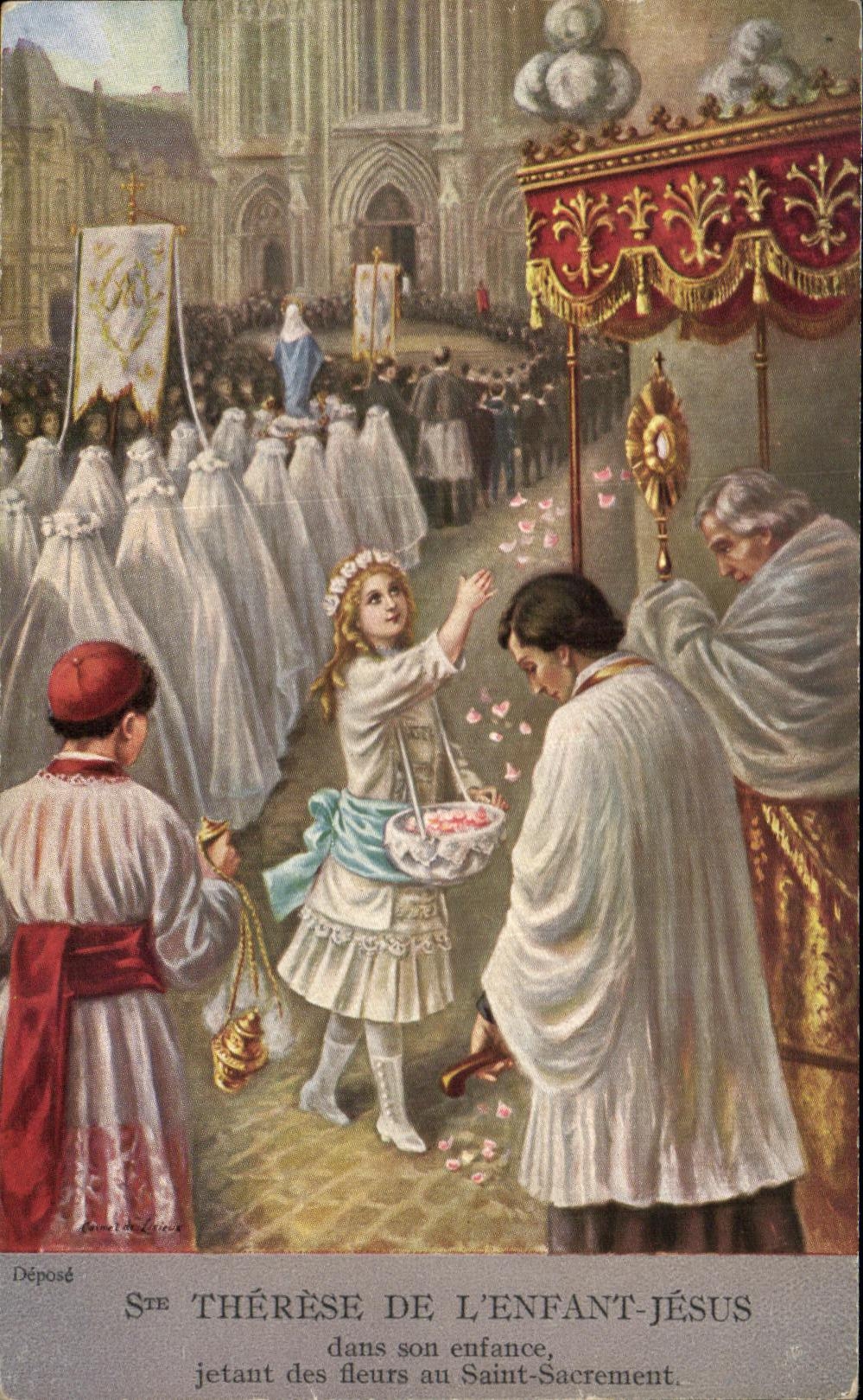 CPA St Therese De L'Enfant Jesus dans son enfance jetant des fleurs au Saint Sacrement