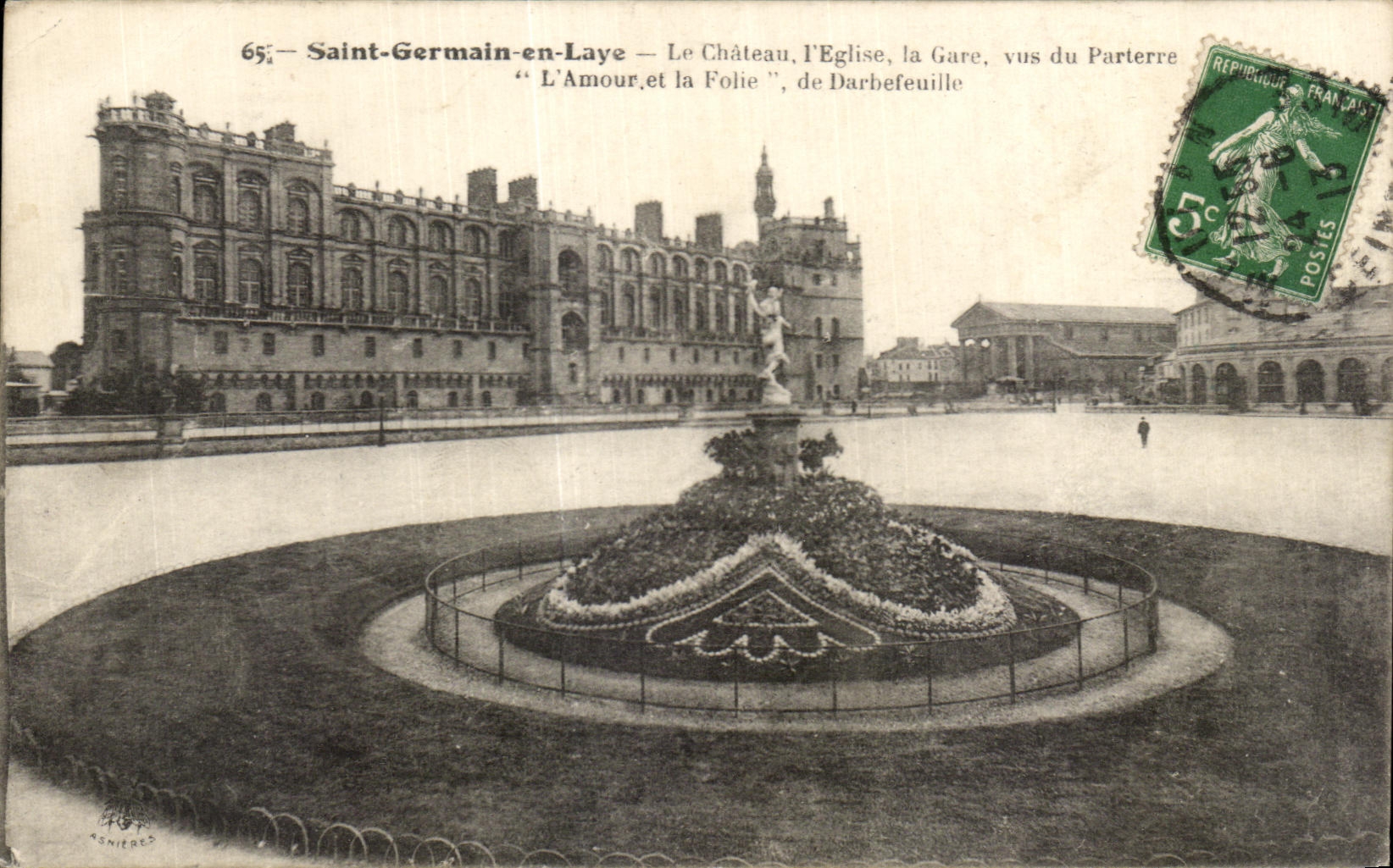 Saint-Germain-en-Laye — Le Château, l'Église, la Gare, vus du Parterre "L'Amour et la Folie", de Darbefeulle