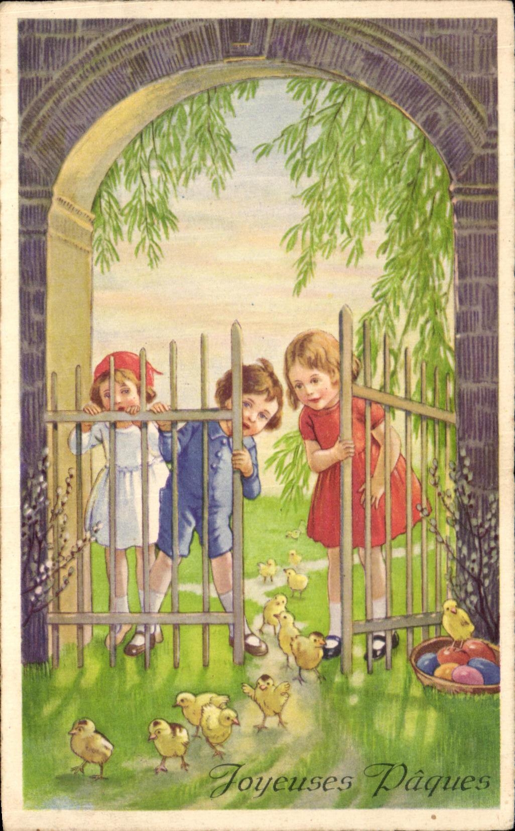 CPA Fantaisie enfants Joyeuses Paques Oeufs Easter Poussins 