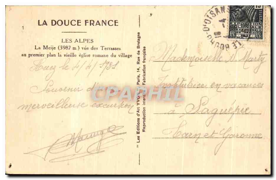 CPA Les Alpes La Meije vue des Terrasse au premier plan la vieille eglise romane du village — Verso