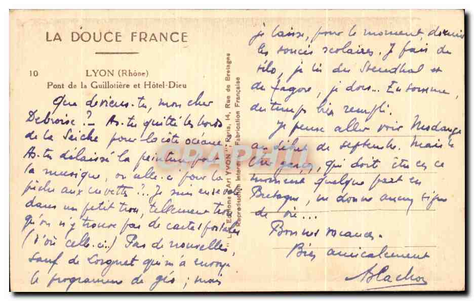 CPA Lyon (Rhone) Pont de la Guillotiere et Hotel Dieu Yvon  — Rückseite