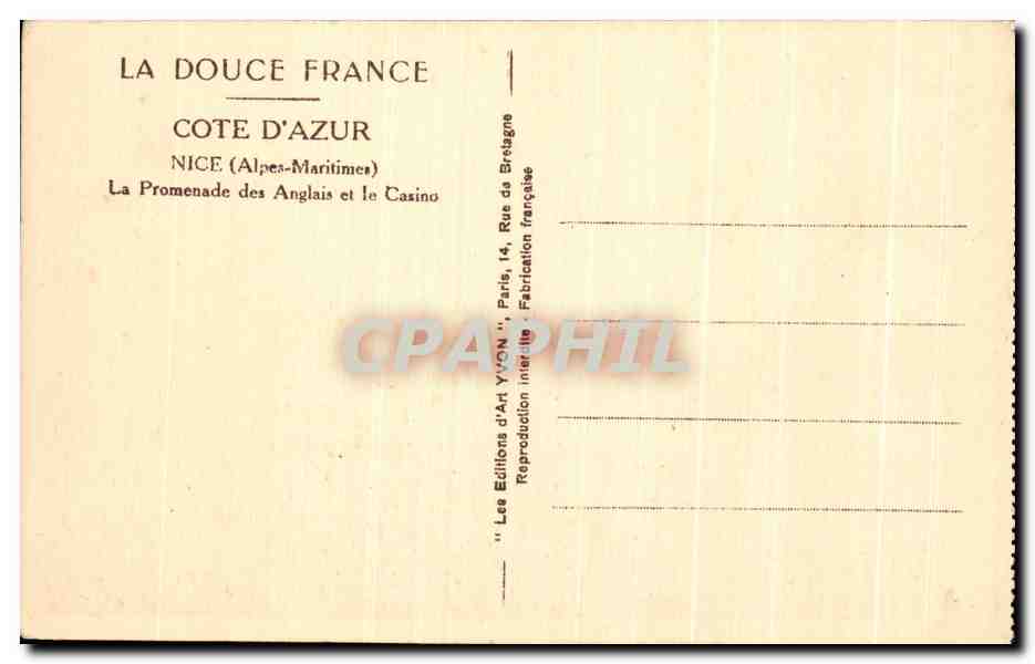 CPA Cote D'Azur Nice (Alpes Maritines) La Promenade des Anglais et le Casino — Rückseite