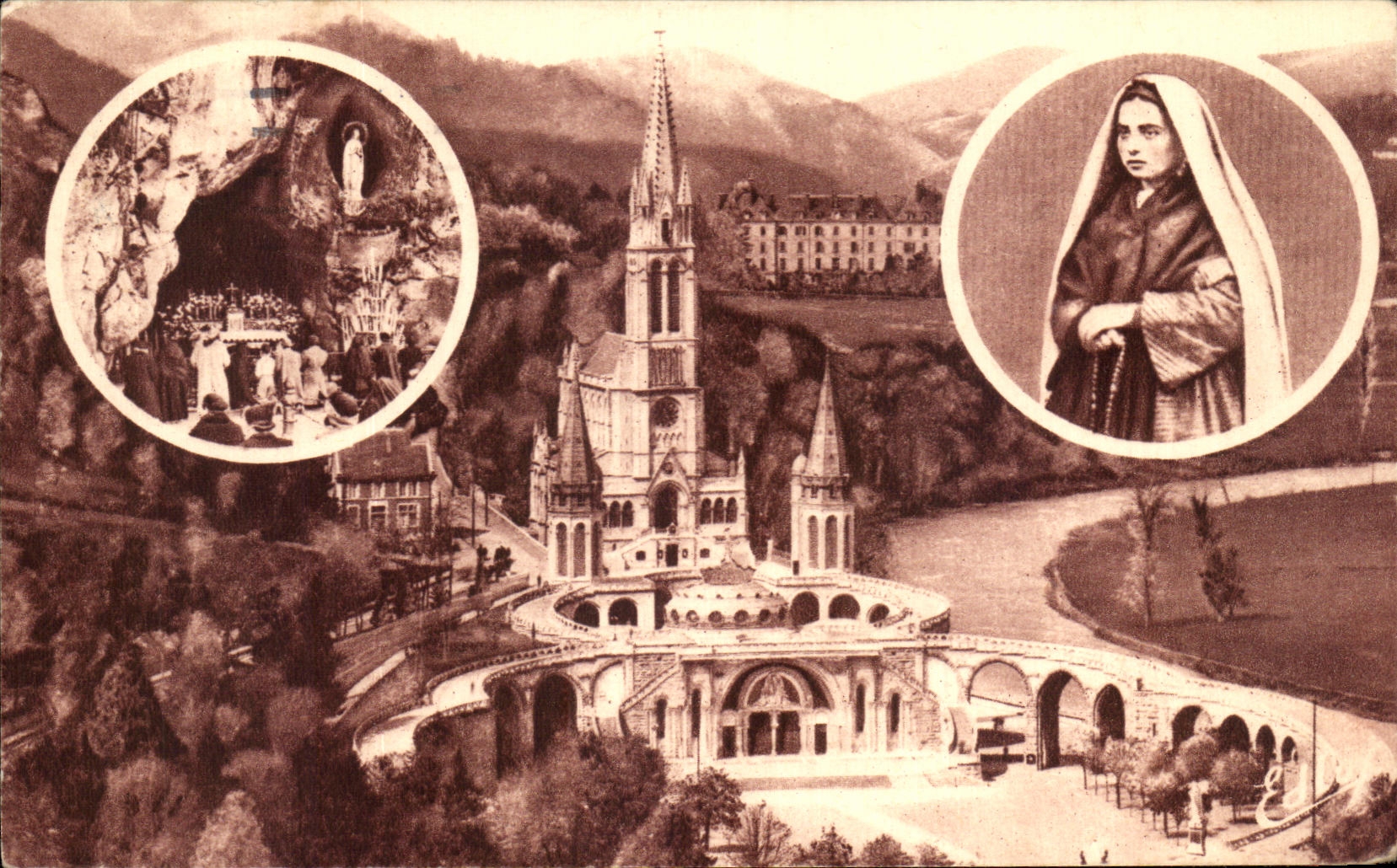 CPA Lourdes La Basilique En medaillons Sainte Bernadette LA Grotte