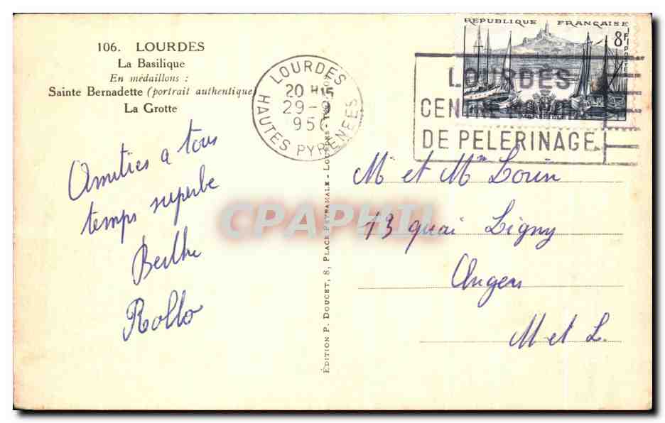 CPA Lourdes La Basilique En medaillons Sainte Bernadette LA Grotte — Verso