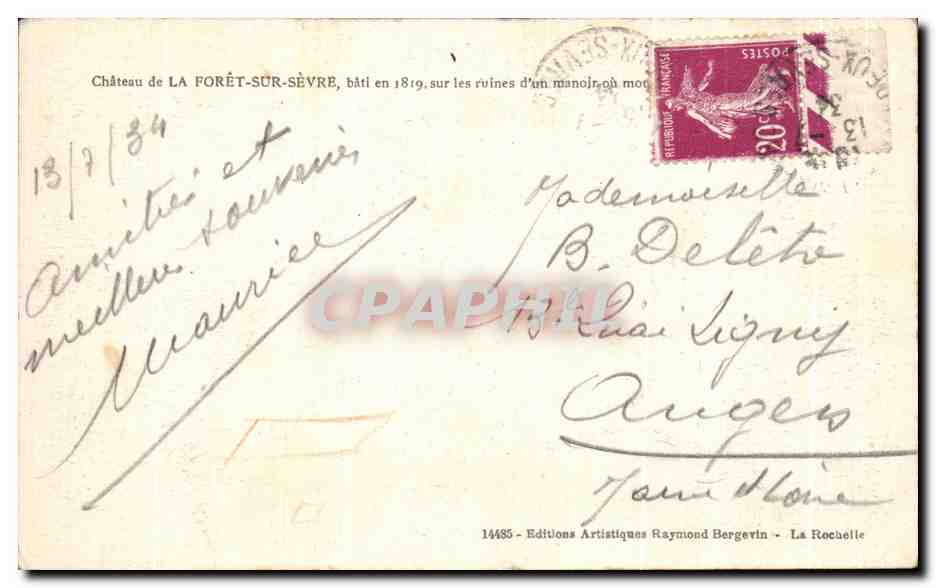 Château de La Forêt-sur-Sèvre — éditeur : Editions Artistiques Raymond Bergevin — n° 14485 — Reverso