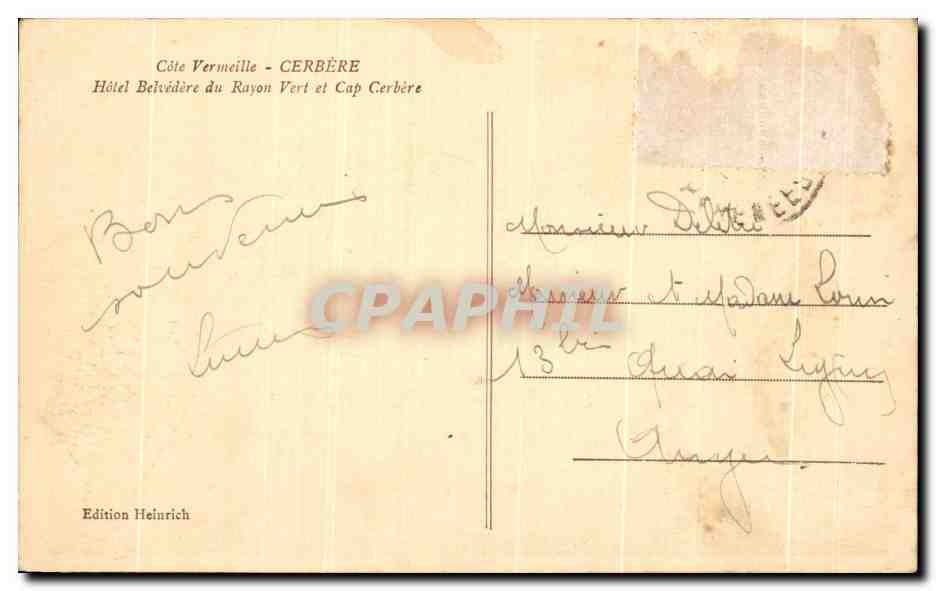 CPA Cote Vermeille Cerbere Hotel Belvidire du Rayon Vert et Cap et Cap cerbere — Rückseite