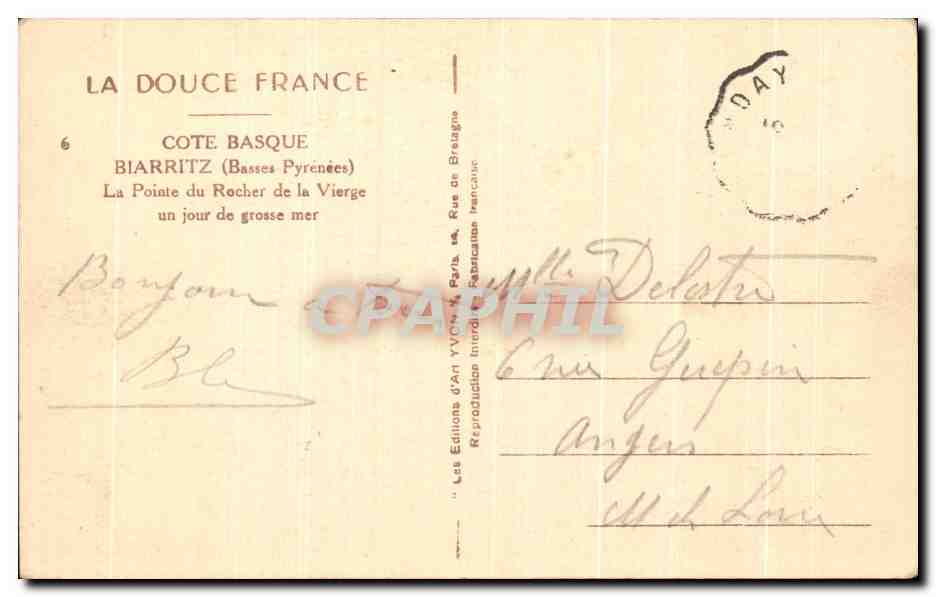 CPA Cote Basque Biarritz La Pointe du Rocher de la Vierge un Jour de grosse mer — Verso