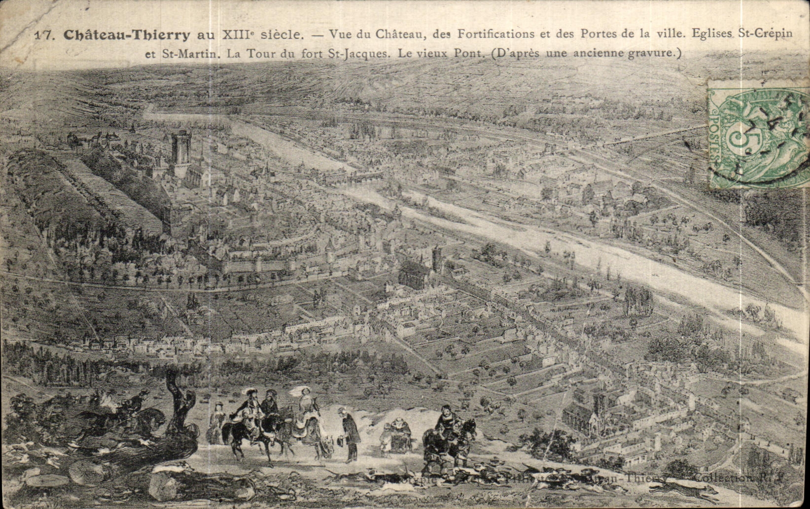 Château-Thierry im 13. Jahrhundert — Ansicht des Schlosses, der Befestigungen und der Tore der Stadt. Kirchen St-Crépin und St-Martin. Die Turm des Forts St-Jacques. Der alte Brücke. (Nach einer alten Holzschnitte.)