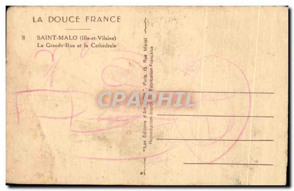 Saint-Malo — La Grande-Rue et la Cathédrale — Les Editions d'Art 'VYON', Paris — Achterkant