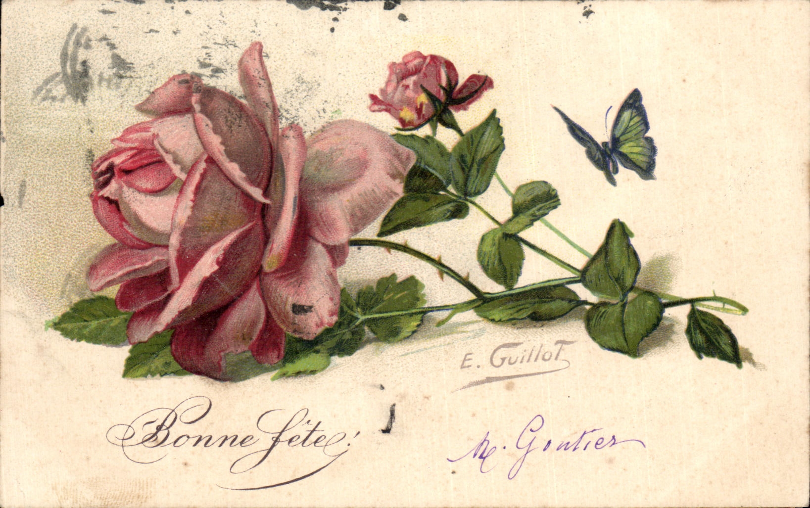 CPA Fantaisie Fleurs Bonne Fete Papillon 