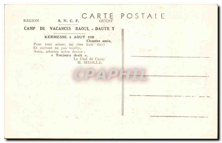 CPA Camp de vacances Raoul Dautry Kermesse 6 aout 1939 SNCF — Rückseite