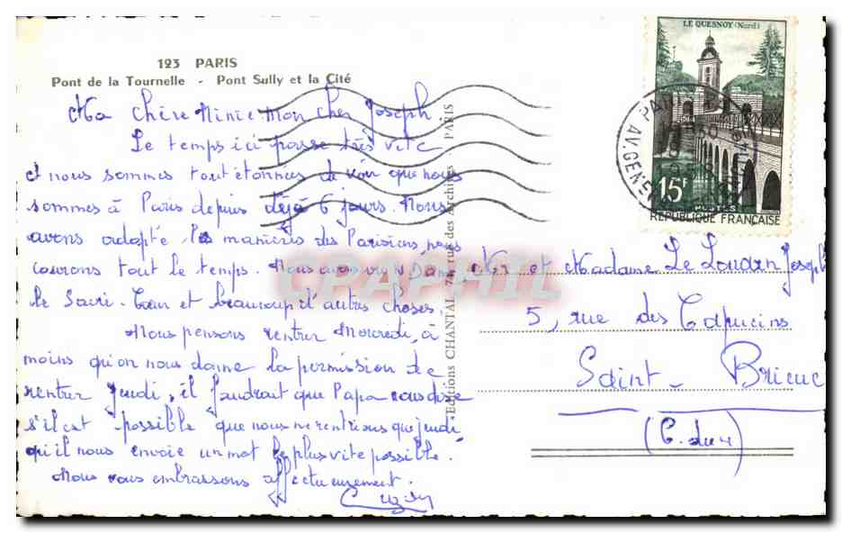 Pont de la Tournelle — Pont Sully et la Cité — éditeur Chantal, n°123 — Verso