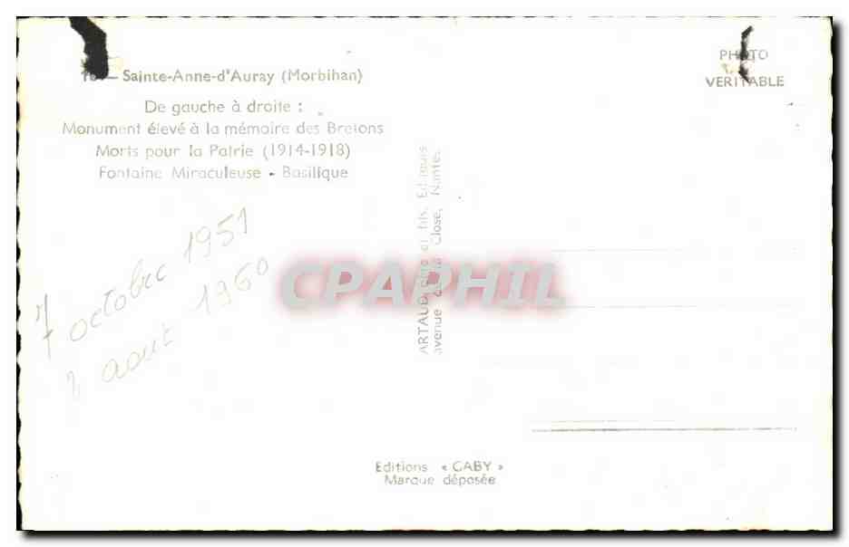 CPA Sainte Anne d'Auray De Gauche a Droite — Verso