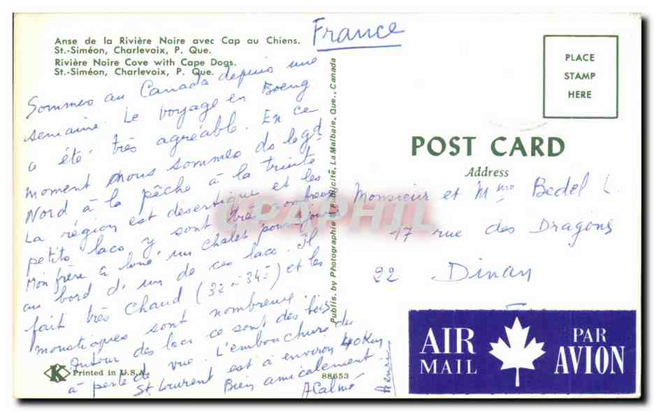 CPA St Simeon Charlevoix Riviere Noire With Cape Dogs Canada — Rückseite