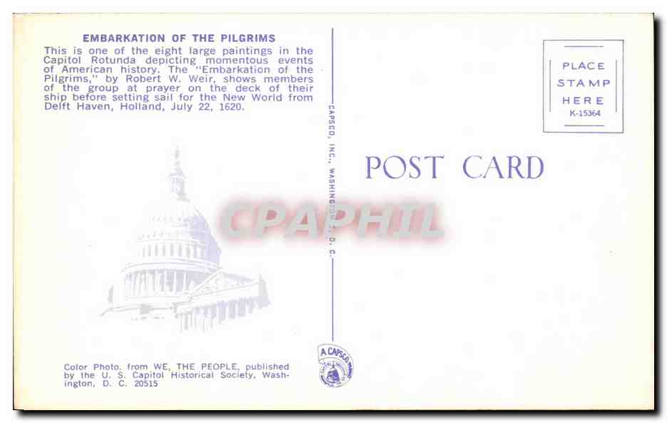 CPA Embarkation of The Pilgrims Capitol rhunda Robert Weir  — Back