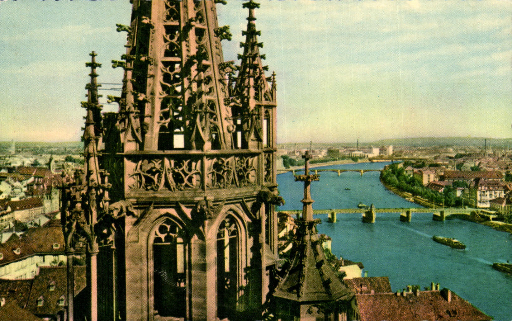 Basel — Tre ponti sul Reno e torre di San Giorgio al duomo — Foto e Verlag Hans Frey, Basel
